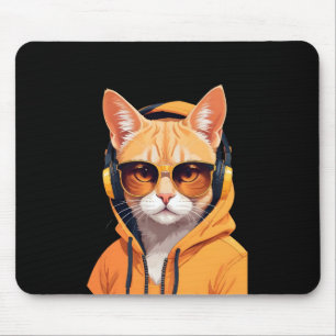 Cat Wearing Hoodie Funny Cool Animal Character Art Mouse Pad