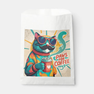 Cat wearing oversized sunglasses, holding a coffee favour bag