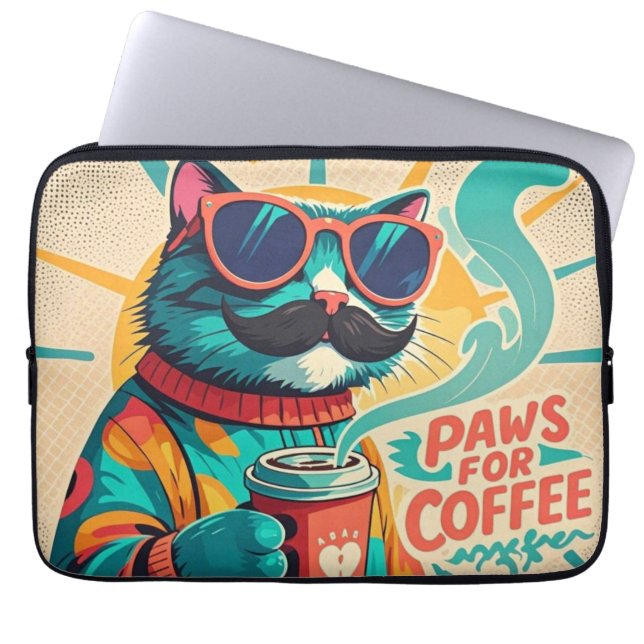 Cat wearing oversized sunglasses, holding a coffee laptop sleeve (Front)