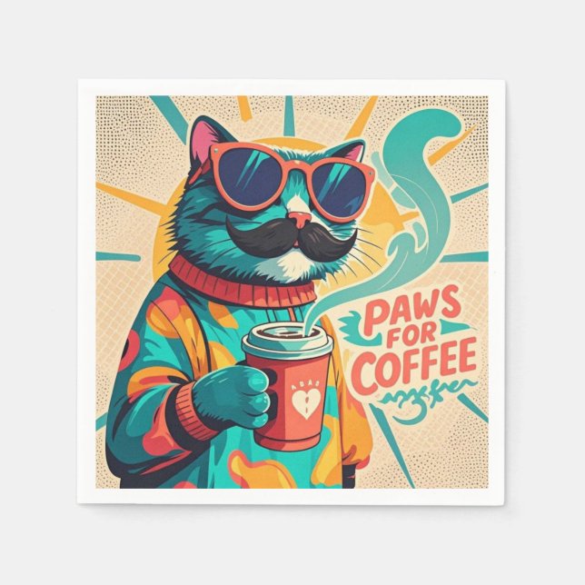 Cat wearing oversized sunglasses, holding a coffee napkin (Front)