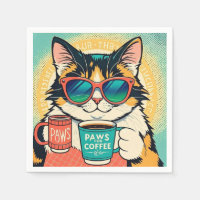 Cat wearing oversized sunglasses, holding a coffee