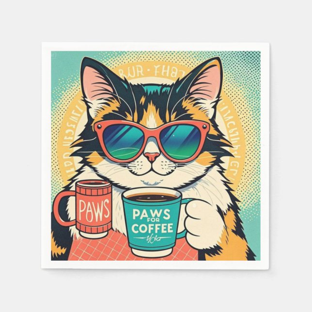 Cat wearing oversized sunglasses, holding a coffee napkin (Front)