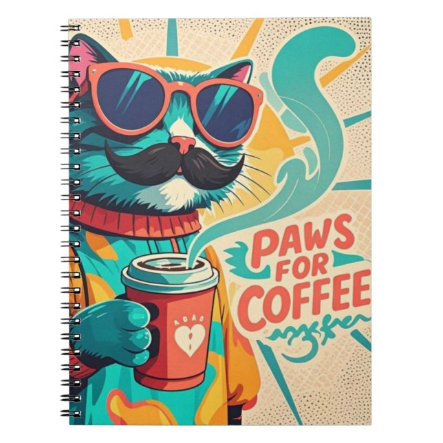 Cat wearing oversized sunglasses, holding a coffee notebook (Front)