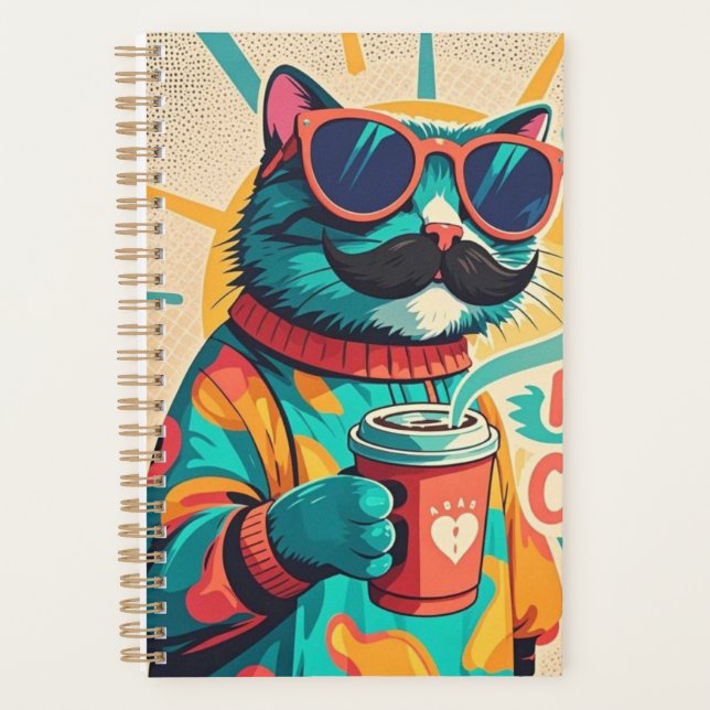 Cat wearing oversized sunglasses, holding a coffee planner (Front)