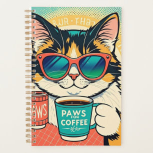 Cat wearing oversized sunglasses, holding a coffee planner
