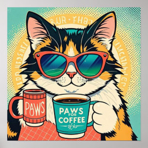 Cat wearing oversized sunglasses, holding a coffee poster