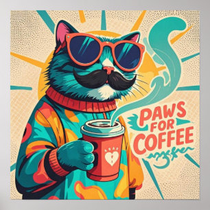 Cat wearing oversized sunglasses, holding a coffee poster