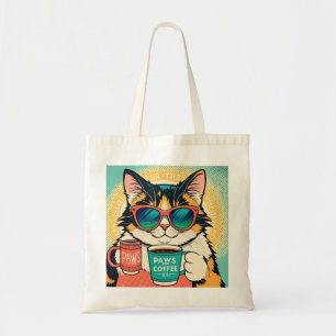 Cat wearing oversized sunglasses, holding a coffee tote bag