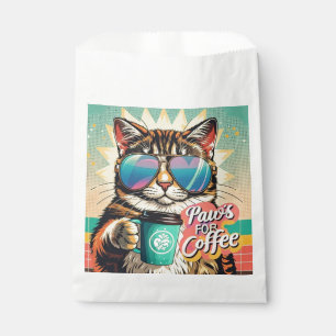 Cat wearing oversized sunglasses with coffee favour bag