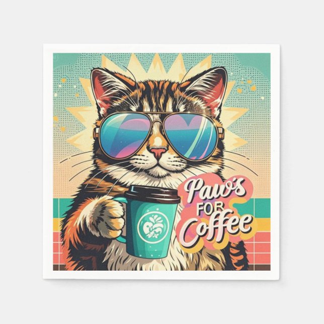 Cat wearing oversized sunglasses with coffee napkin (Front)