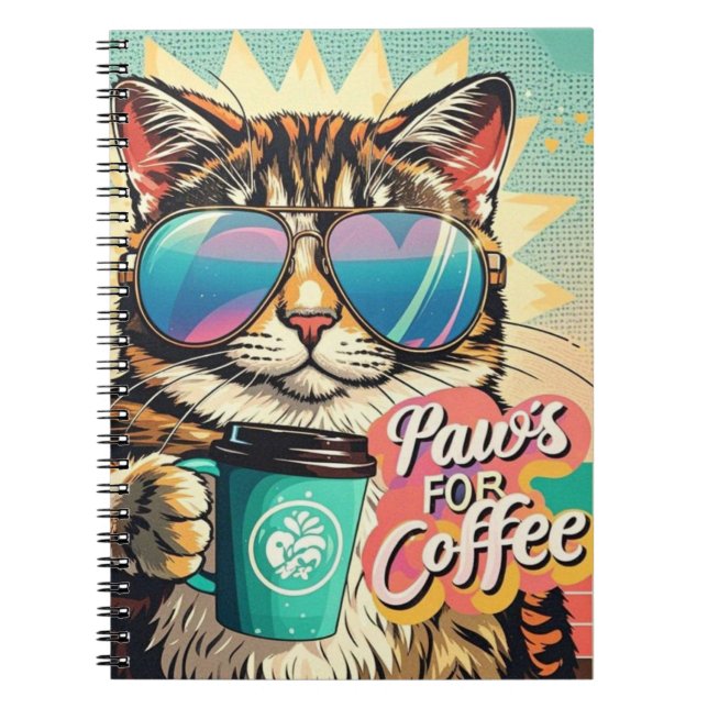 Cat wearing oversized sunglasses with coffee notebook (Front)