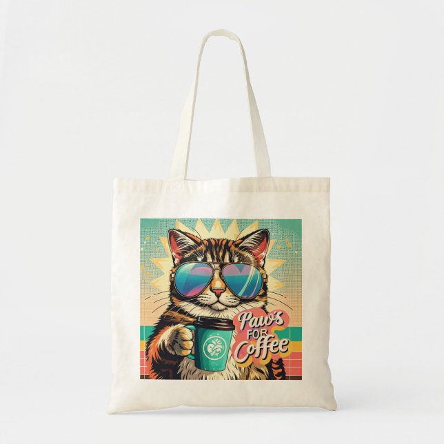 Cat wearing oversized sunglasses with coffee tote bag (Front)