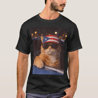Cat Wearing Puerto Rico Flag Hat Sunglasses T-Shirt