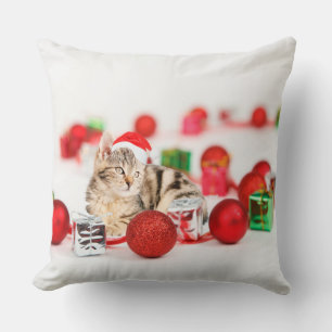 Cat wearing red Santa hat Christmas Cushion