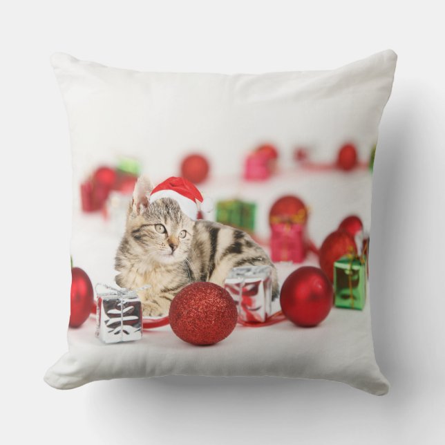 Cat wearing red Santa hat Christmas Cushion (Front)