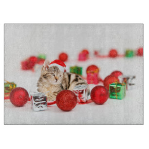 Cat wearing red Santa hat Christmas Ornament Cutting Board