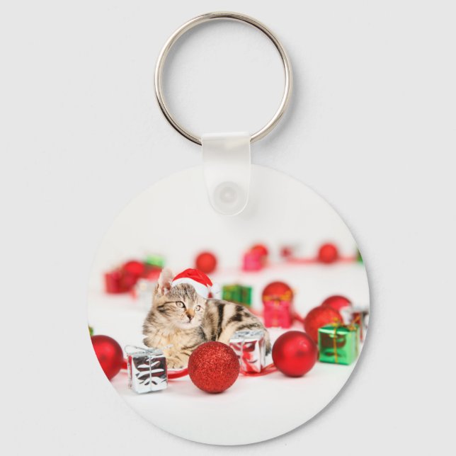 Cat wearing red Santa hat Christmas Ornament Key Ring (Front)