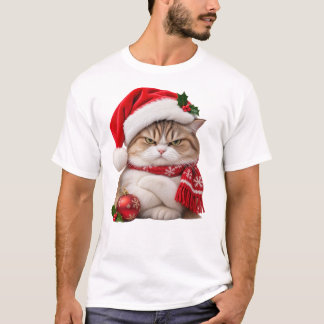 Cat Wearing Santa Hat and Looking Annoyed T-Shirt