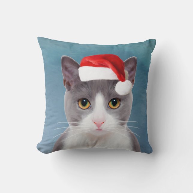Cat wearing Santa Hat Christmas Portrait Cushion (Front)