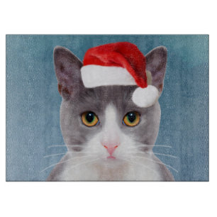 Cat wearing Santa Hat Christmas Portrait Cutting Board
