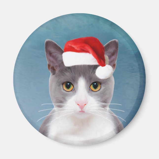 Cat wearing Santa Hat Christmas Portrait Magnet (Front)
