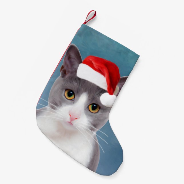 Cat wearing Santa Hat Christmas Portrait Small Christmas Stocking (Front (Hanging))