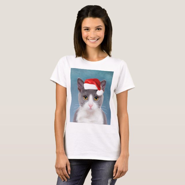 Cat wearing Santa Hat Christmas Portrait T-Shirt (Front Full)