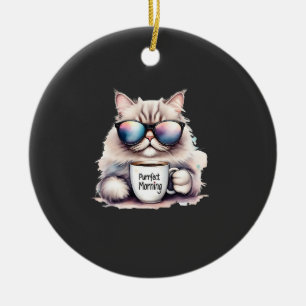cat wearing sunglasses and holding a coffee mug ceramic ornament