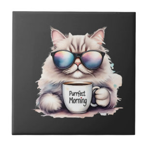 cat wearing sunglasses and holding a coffee mug ceramic tile