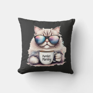 cat wearing sunglasses and holding a coffee mug cushion