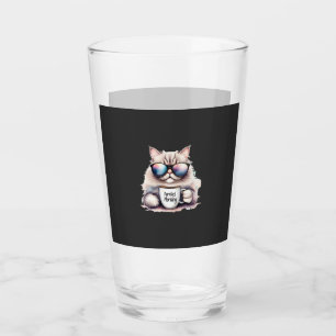 cat wearing sunglasses and holding a coffee mug glass