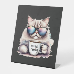 cat wearing sunglasses and holding a coffee mug pedestal sign