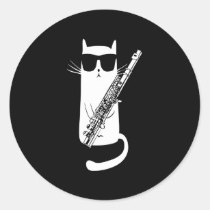 Cat Wearing Sunglasses Playing Flute Classic Round Sticker