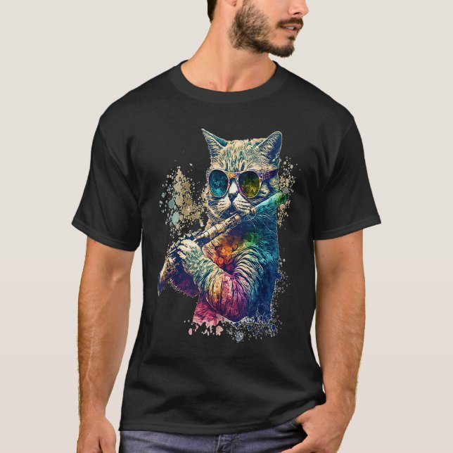 Cat Wearing Sunglasses Playing Flute Colorful Tank (Front)