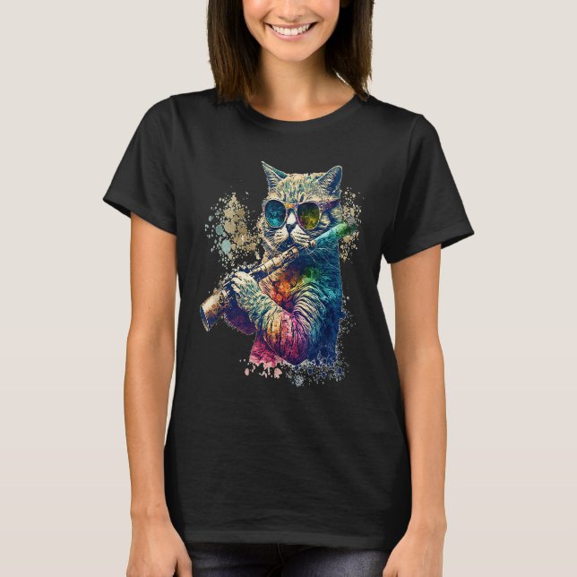 Cat Wearing Sunglasses Playing Flute Colorful Tank (Front)