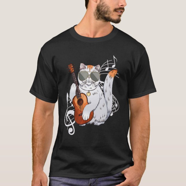 Cat wearing sunglasses playing Guitar Guitarist T-Shirt (Front)