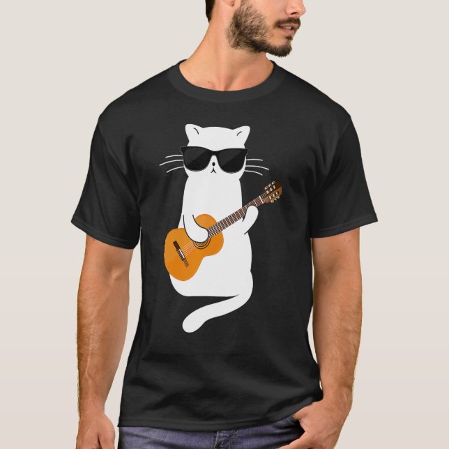 Cat wearing sunglasses playing Guitar Guitarist T-Shirt (Front)