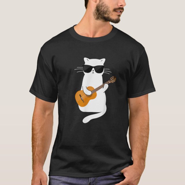 Cat wearing sunglasses playing Guitar Guitarist  T-Shirt (Front)