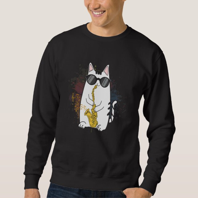 Cat Wearing Sunglasses Playing Saxophone Sweatshirt (Front)
