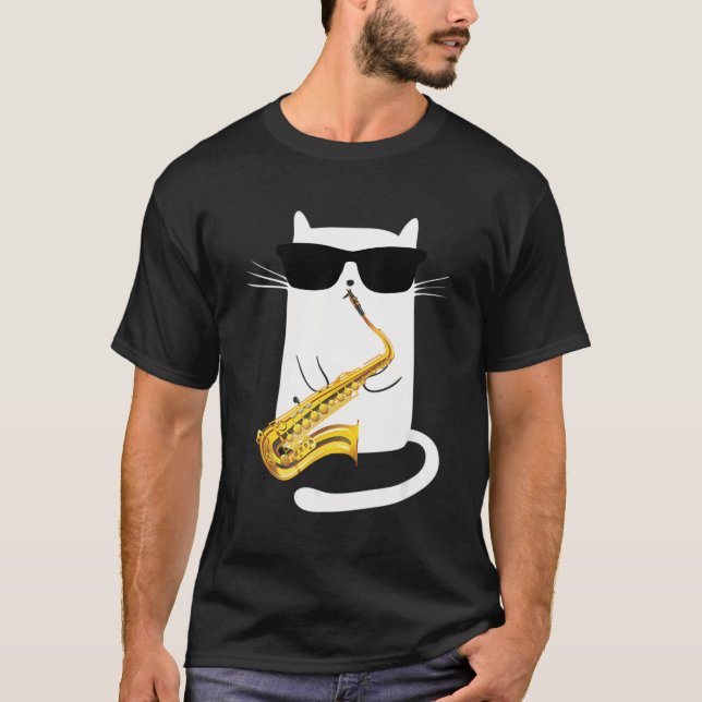 Cat Wearing Sunglasses Playing Saxophone T-Shirt (Front)