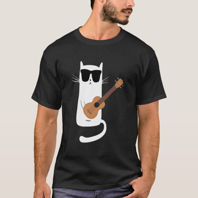 Cat Wearing Sunglasses Playing Ukulele T-Shirt (Front)