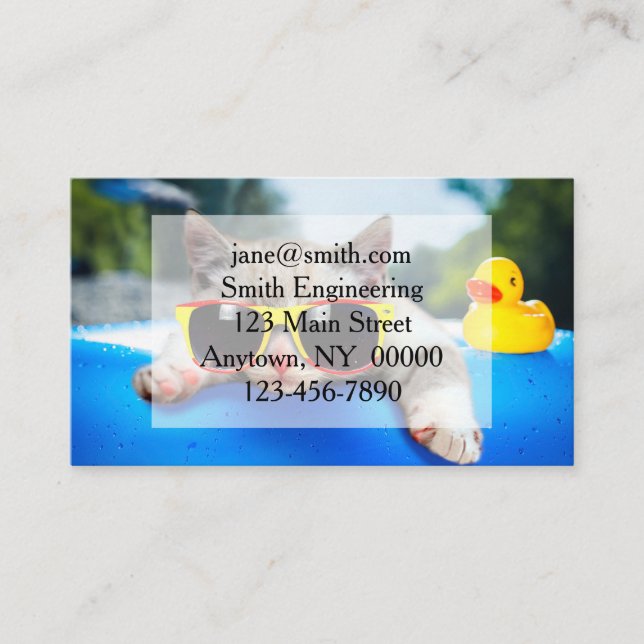 Cat wearing sunglasses relaxing on air mattress business card (Front)
