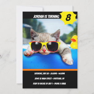 Cat wearing sunglasses relaxing on air mattress invitation
