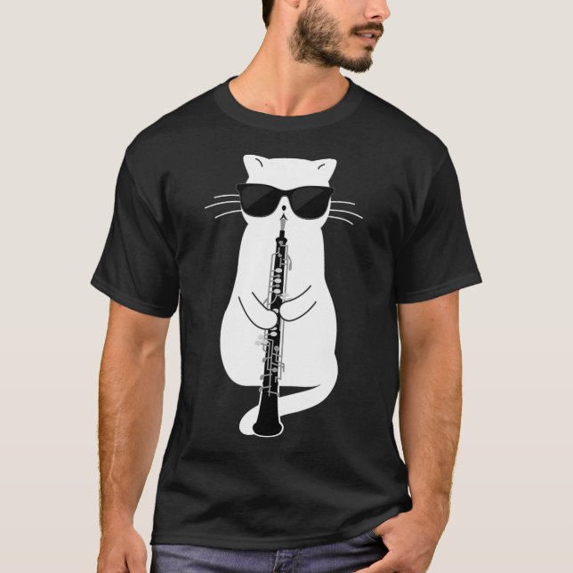 Cat Wearing Sungles Playing Oboe  T-Shirt (Front)