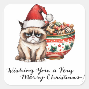 Cat wears Santa Hat for Christmas Themed Square Sticker