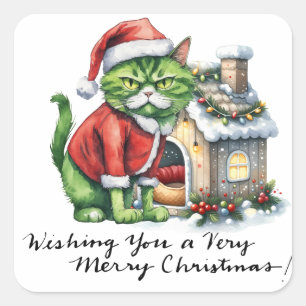 Cat wears Santa Hat for Christmas Themed Square Sticker