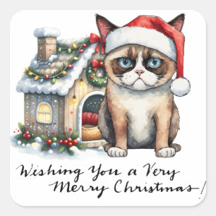 Cat wears Santa Hat for Christmas Themed Square Sticker