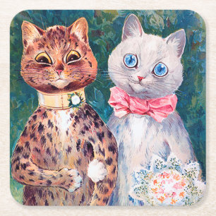 Cat Wedding, Marriage, Bride, Louis Wain Square Paper Coaster