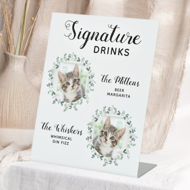 Cat Wedding Signature Drinks Custom 2 Pet Photo Pedestal Sign (Creator Uploaded)