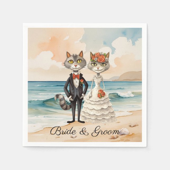 Cat Wedding with Bride and Groom Beach themed Napkin (Front)